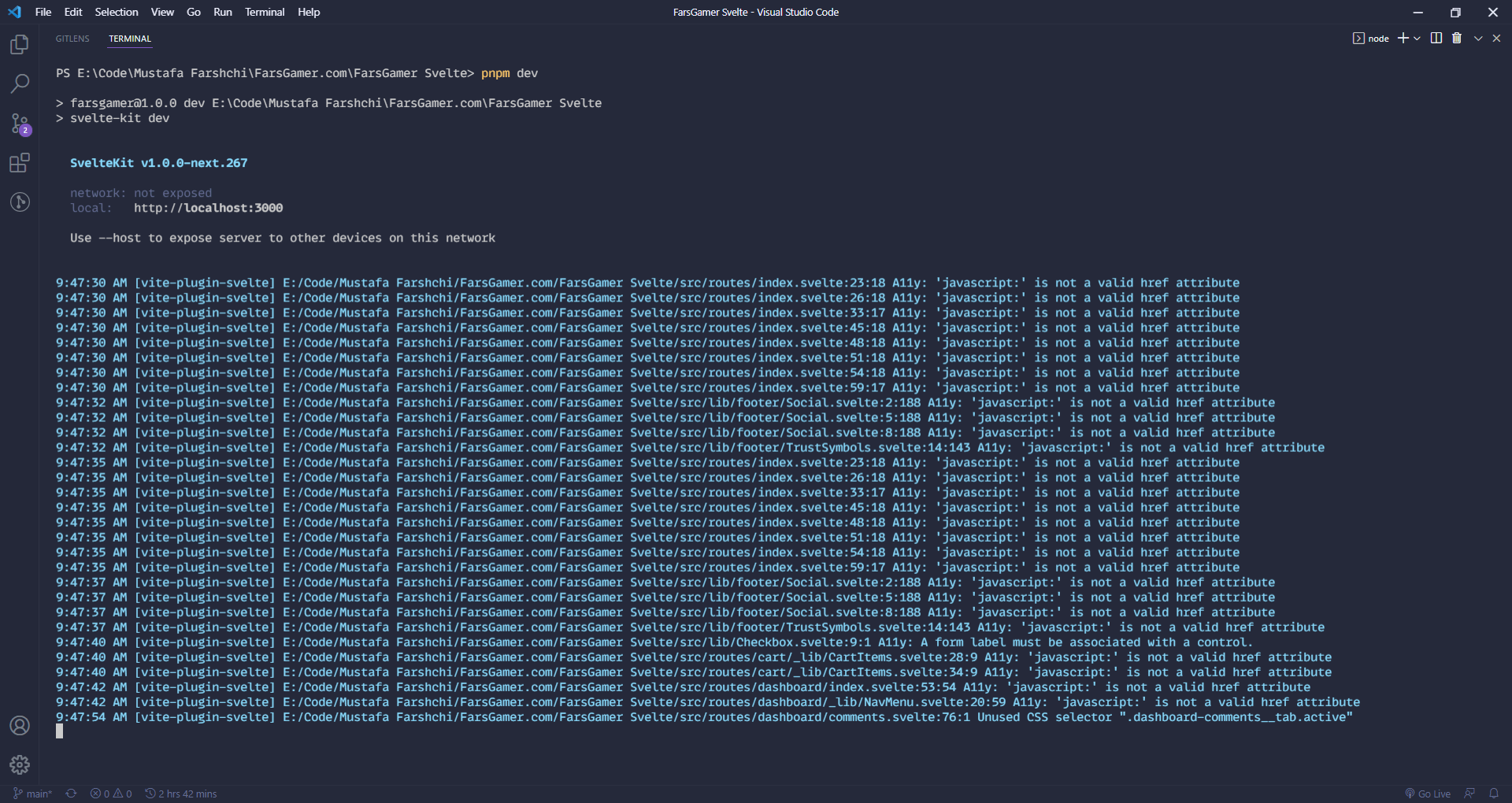 A screenshot of Svelte A11Y warnings in vsCode terminal